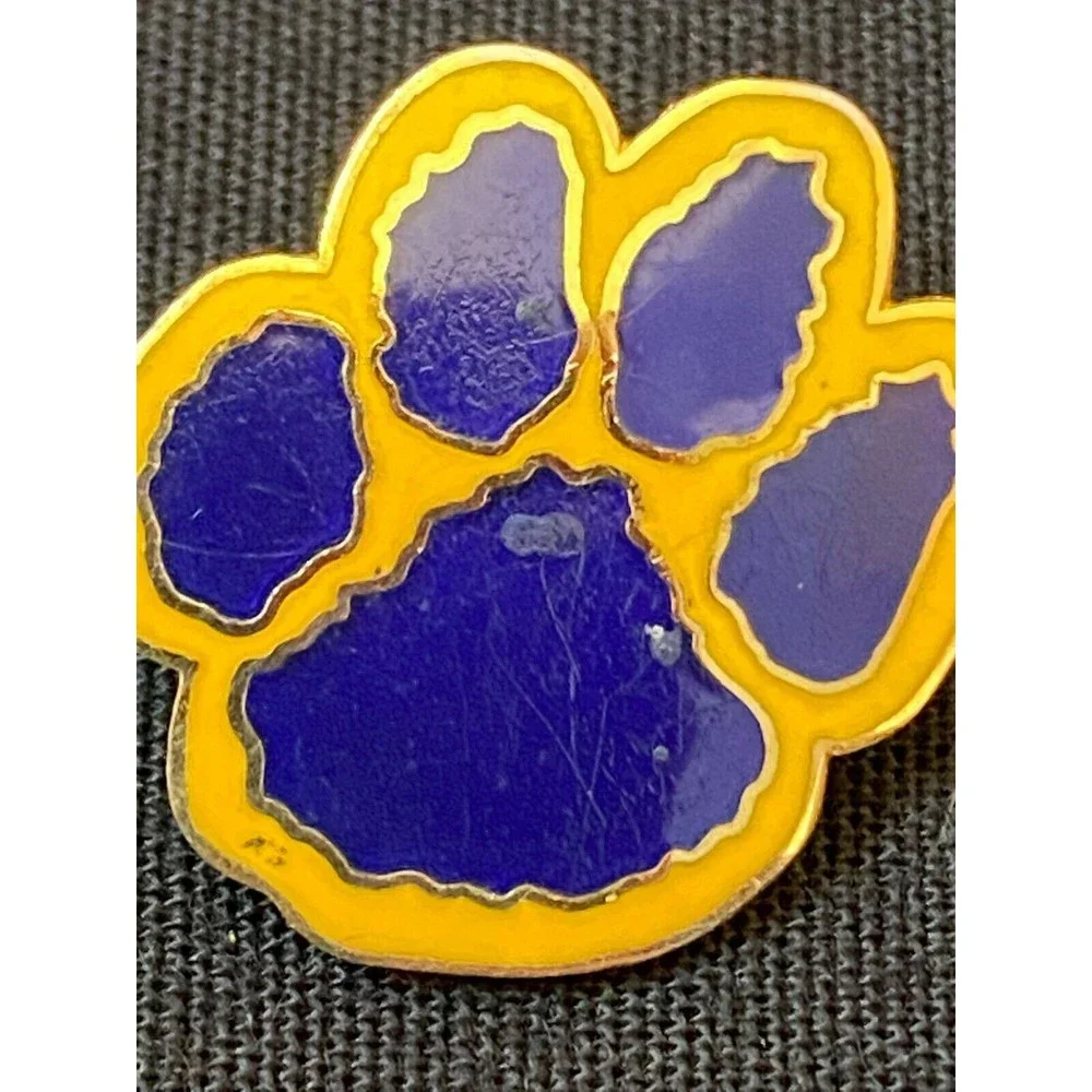 Award Pin Purple and Yellow Enamel Gold Tone Paw Print School Mascot VINTAGE